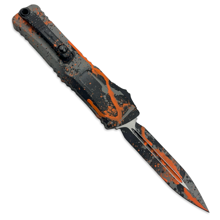 Microtech 1142-1BGBKORSPLS - Combat Troodon D/E Gen III Signature Series Bull Shark Gray/Black Orange Splatter