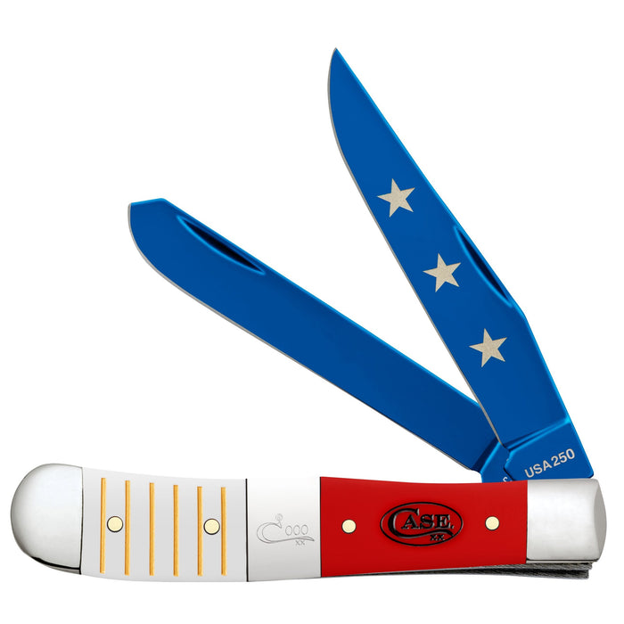 Case 25000 - White & Red Synthetic Smooth Center Bolstered Trapper (4254 SS) W/Lighter