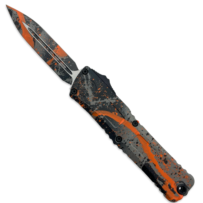 Microtech 1142-1BGBKORSPLS - Combat Troodon D/E Gen III Signature Series Bull Shark Gray/Black Orange Splatter