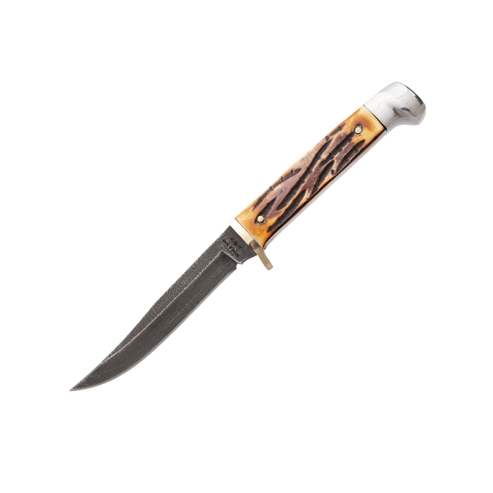 Bear & Son 563D - Genuine India Stag Bone Damascus Hunter w/ Leather Sheath