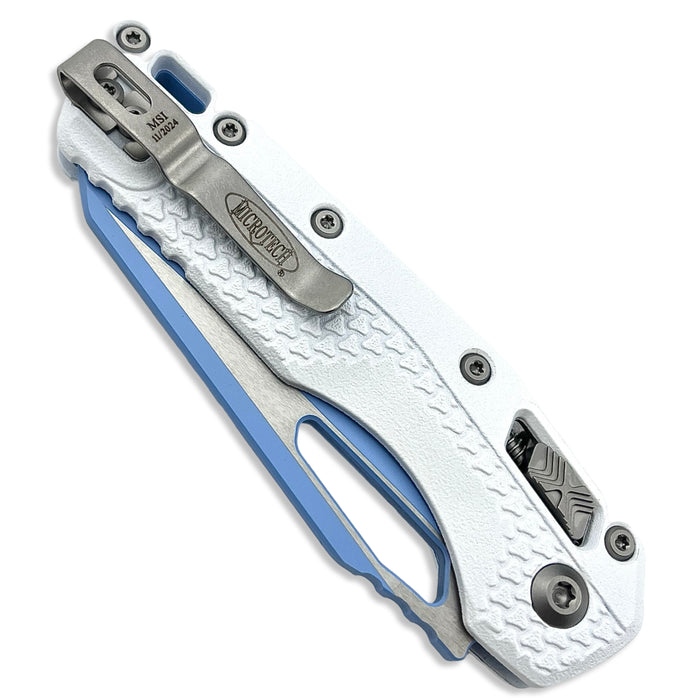 Microtech 210T-1PMCWH-Y7 - MSI S/E Tri-Grip Polymer Cerakote White Sky Blue Backspacer Sky Blue Standard