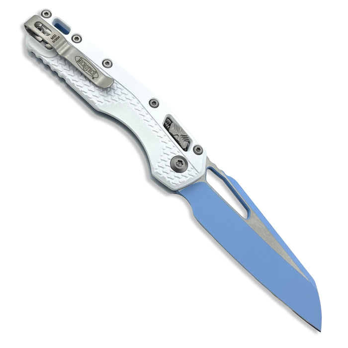 Microtech 210T-1PMCWH-Y7 - MSI S/E Tri-Grip Polymer Cerakote White Sky Blue Backspacer Sky Blue Standard