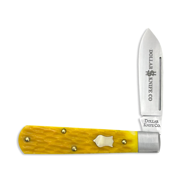 Dollar Knife Co. Yellow Jigged Bone Mammoth Shield Barlow