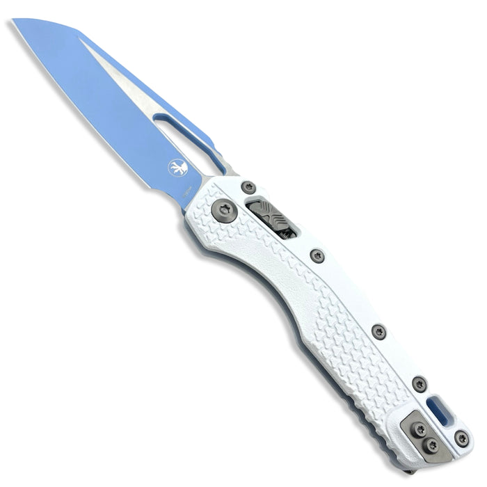 Microtech 210T-1PMCWH-Y7 - MSI S/E Tri-Grip Polymer Cerakote White Sky Blue Backspacer Sky Blue Standard