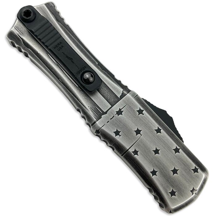 Microtech 1702M-1DKFLAGS - Hera II Mini D/E Signature Series Dark Flag Standard