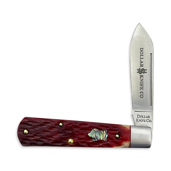 Dollar Knife Co. Red Jig Bone Abalone Shield Barlow