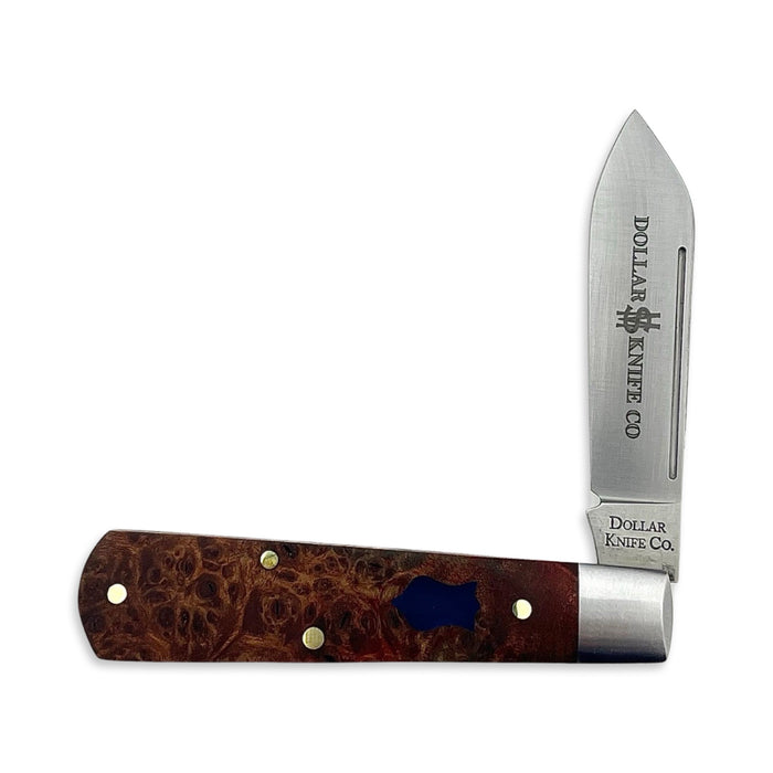 Dollar Knife Co. Red Marbled Bone Blue Shield Barlow
