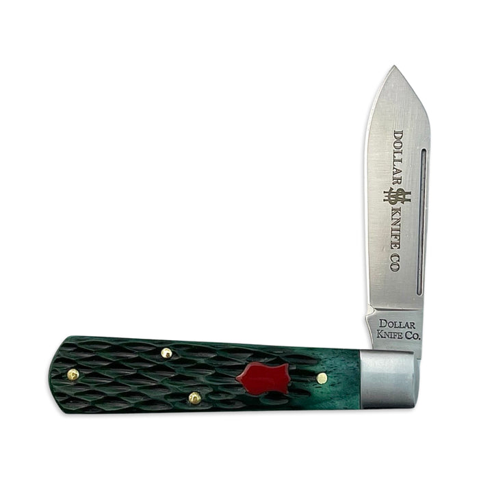 Dollar Knife Co. Green Jig Bone Red Shield Barlow