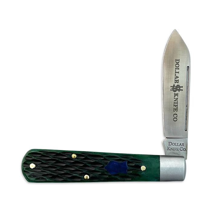 Dollar Knife Co. Green Jig Bone Blue Shield Barlow