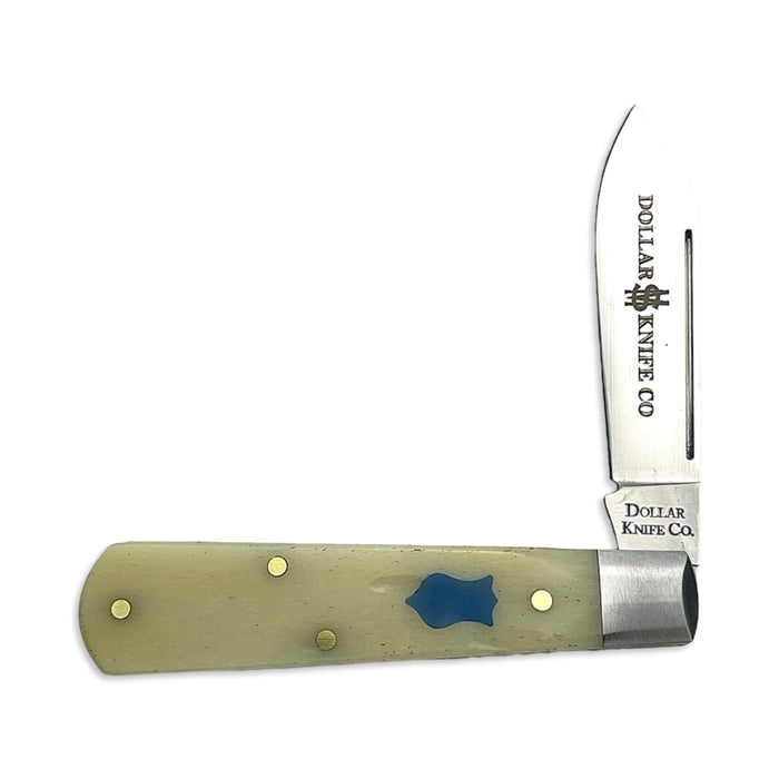 Dollar Knife Co. Smooth White Bone Blue Shield