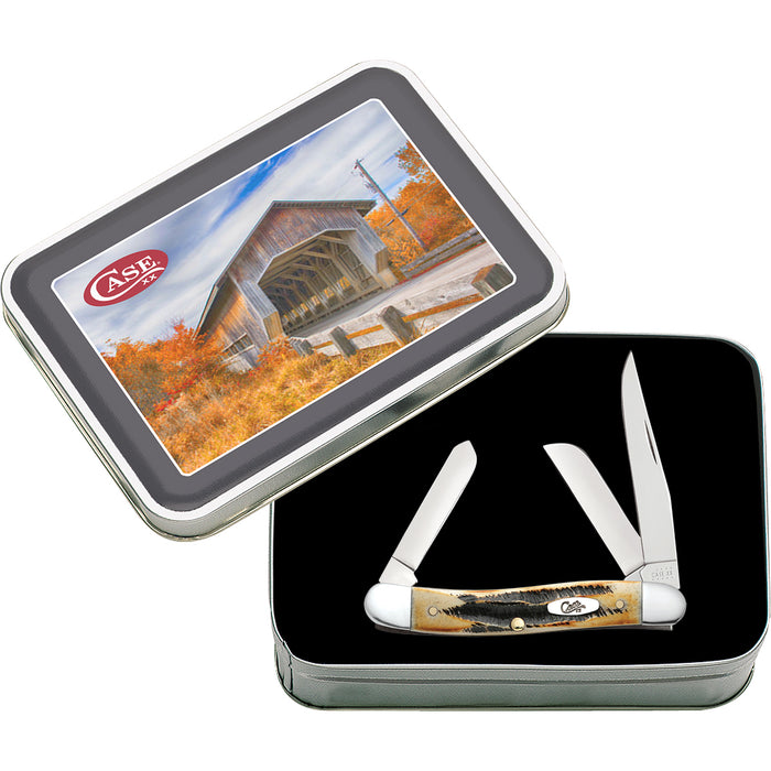 Case 6.5 Bone Stag Medium Stockman Covered Bridge Gift Tin Set