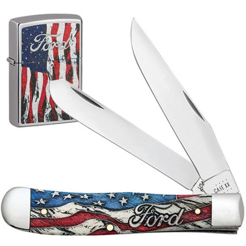 Case 14331 - Ford Gift Set - Ford Natural Bone Smooth Color Wash Trapper with Zippo